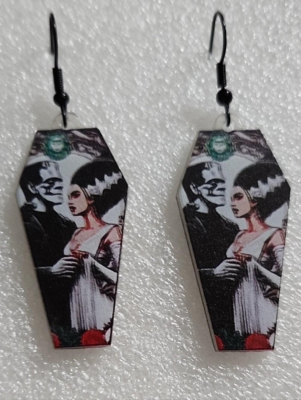 Hand Crafted Black, Goth Monster & Bride Coffin Drop Earrings